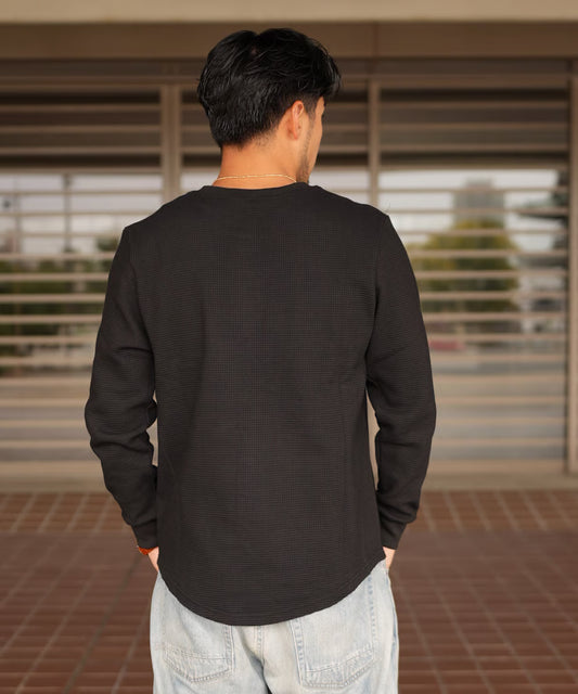 【ブラック】ワッフルヘンリーネックT