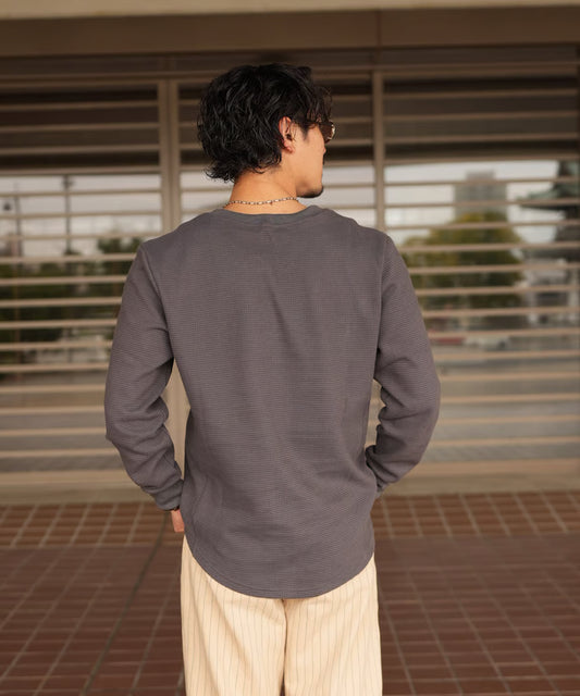 【グレー】ワッフルヘンリーネックT