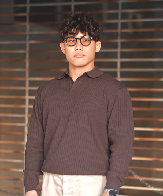 【Mサイズ】ニットポロ (ブラウン)